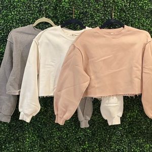 3 Cropped Women’s Basic Sweatshirt. Grey, white and tan bundle for $40